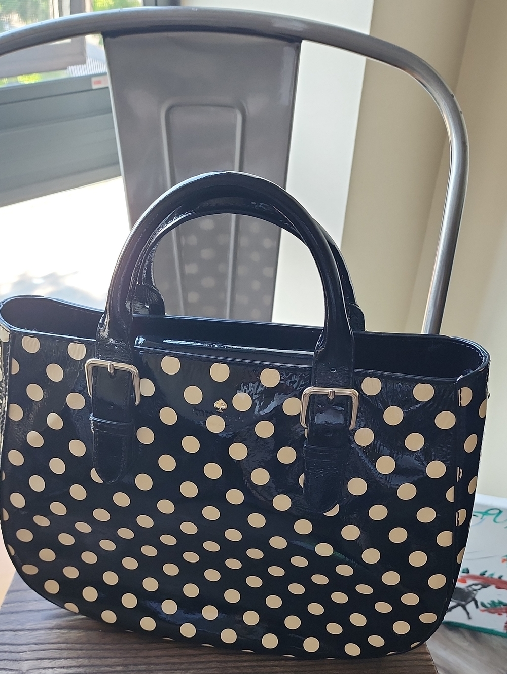 kate spade Black Patent Satchel with Cream Polka Dots